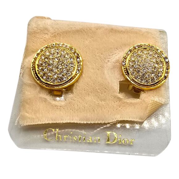 Christian Dior Earrings Pave Clustered Rhinestones Button Classic Design Clip On - Picture 2 of 10